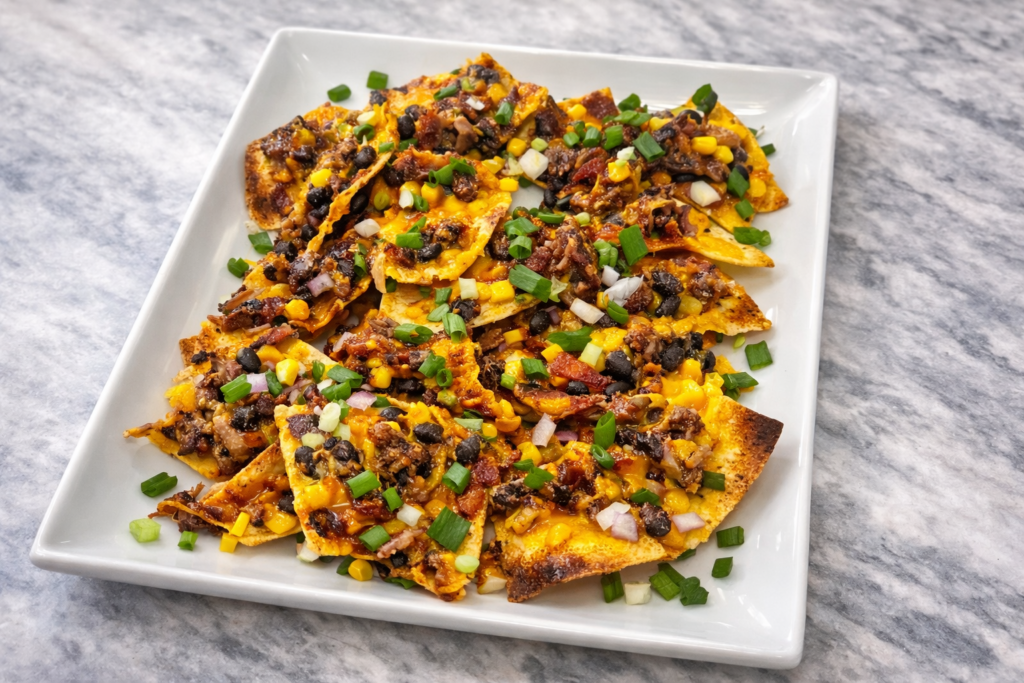 smoked pulled pork nachos on sheet pan