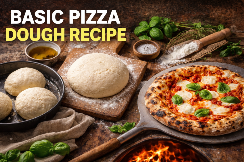 Rustic pizza dough and fire-baked pizza