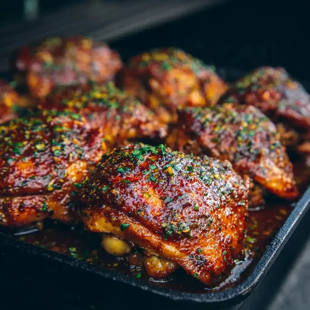 Crispy smoked chicken thigh with bite taken showing juicy interior