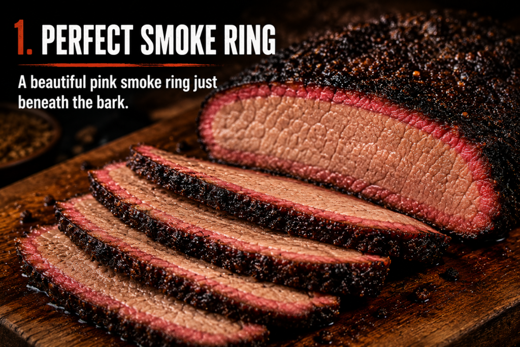smoke ring on sliced smoked brisket