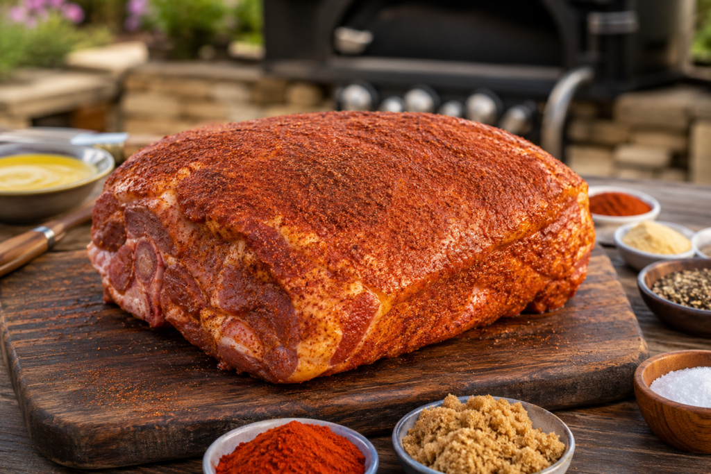 Bone-in pork butt seasoned with sweet and smoky barbecue rub