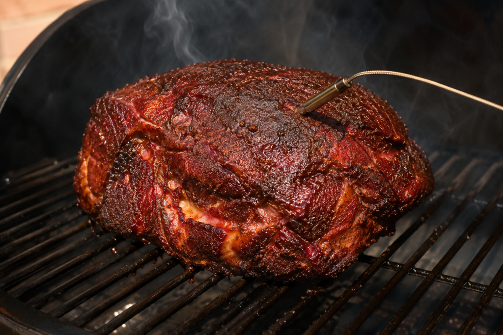 Smoked pork butt developing dark bark on a smoker