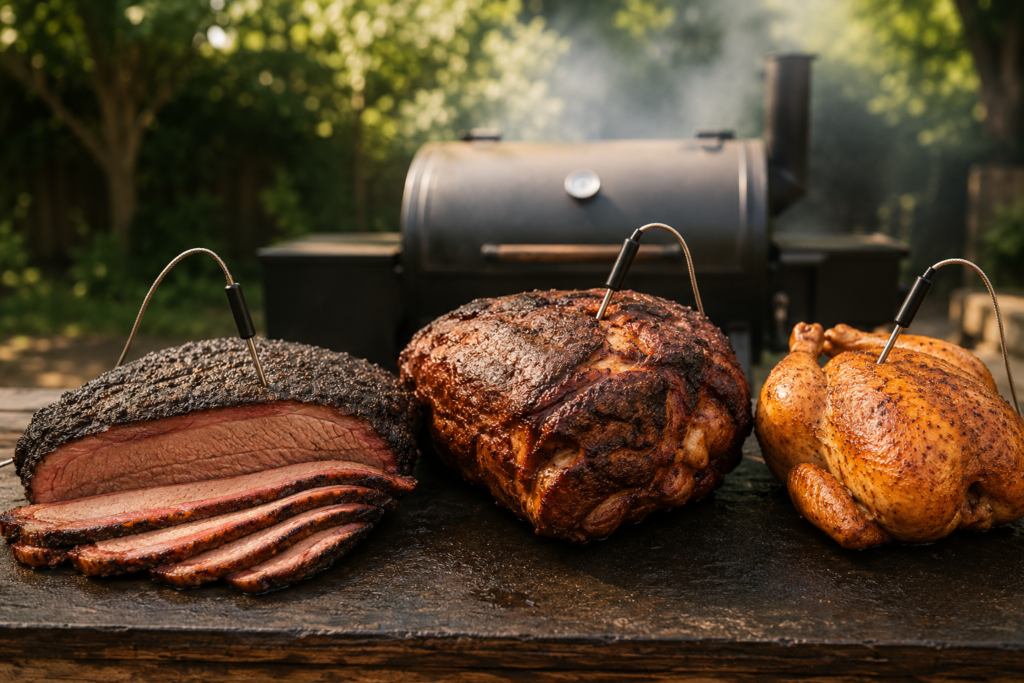 Temperature probe placement in brisket pork butt and whole chicken