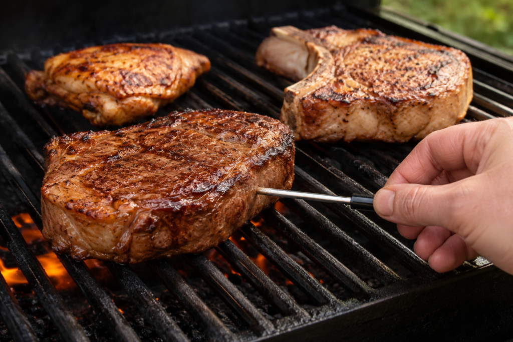 Instant-read thermometer inserted sideways into steak chicken thigh and pork chop