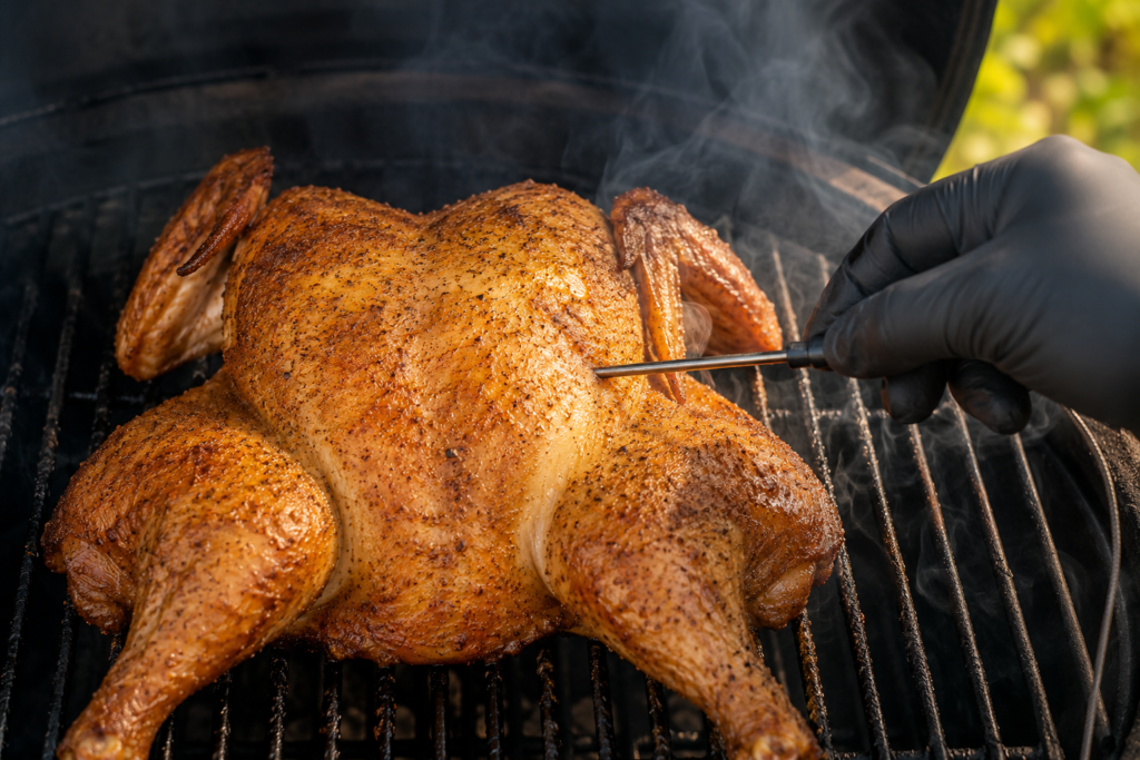 Temperature probe inserted into the thickest part of a whole chicken breast