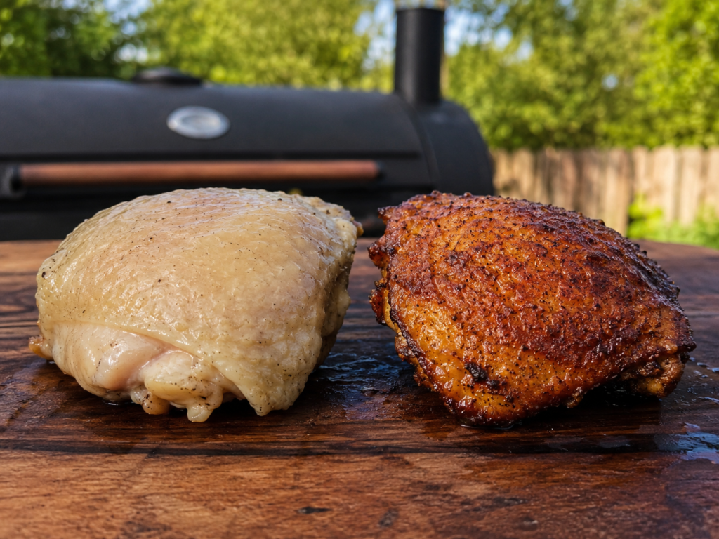 Rubbery smoked chicken skin compared with crispy smoked chicken skin