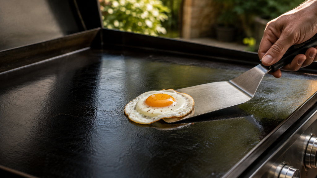 Egg sliding easily on a properly seasoned griddle