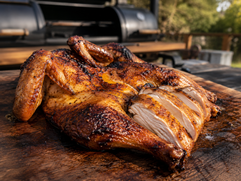 Finished smoked chicken with crispy golden brown skin