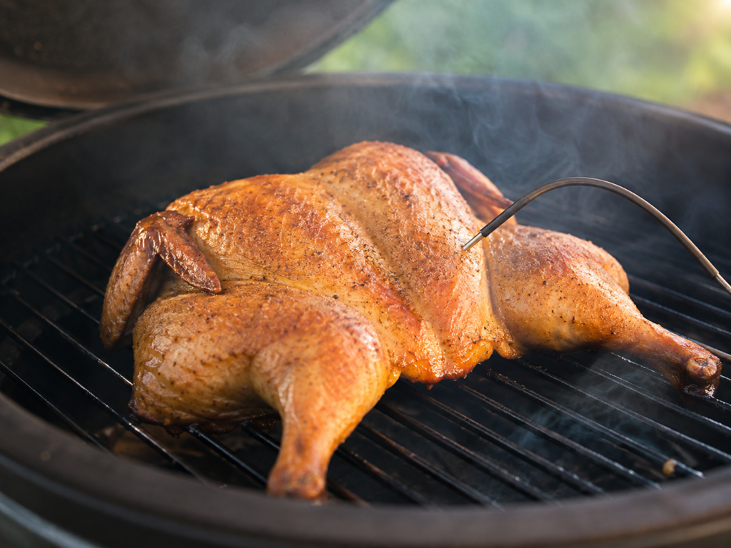 Smoked chicken cooking at 325 degrees for crispy skin