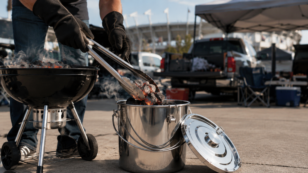 Hot charcoal being transferred into a stainless steel charcoal extinguisher bucket