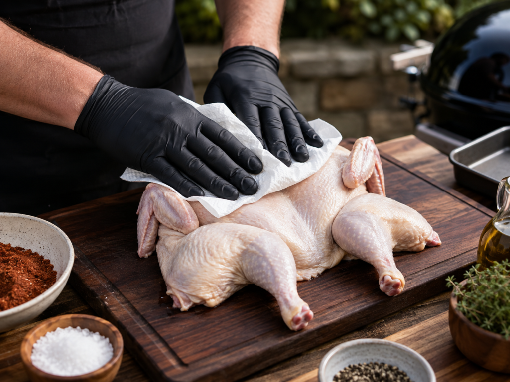Drying chicken skin before smoking to prevent rubbery skin