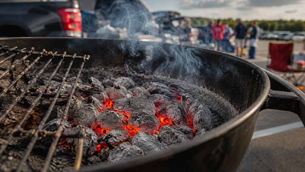 Glowing charcoal remains hot inside a portable grill after tailgate cooking
