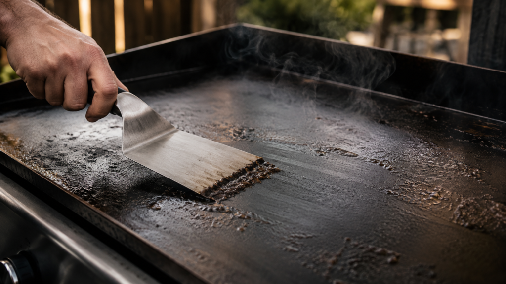 Sticky griddle surface with scraper removing gummy oil buildup