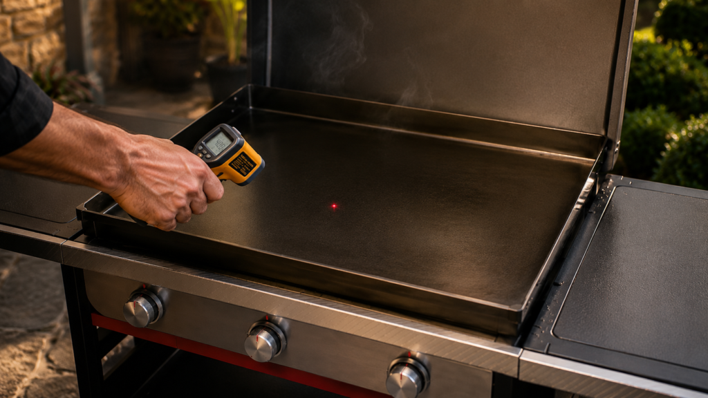 Checking griddle surface temperature with an infrared thermometer