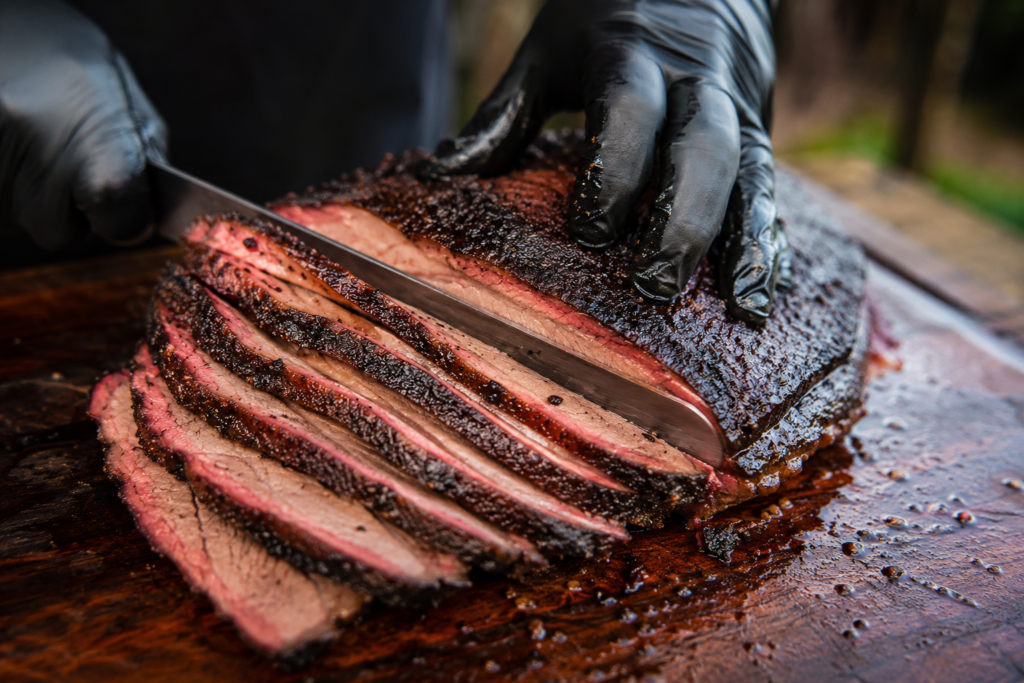 Slicing a properly rested brisket against the grain