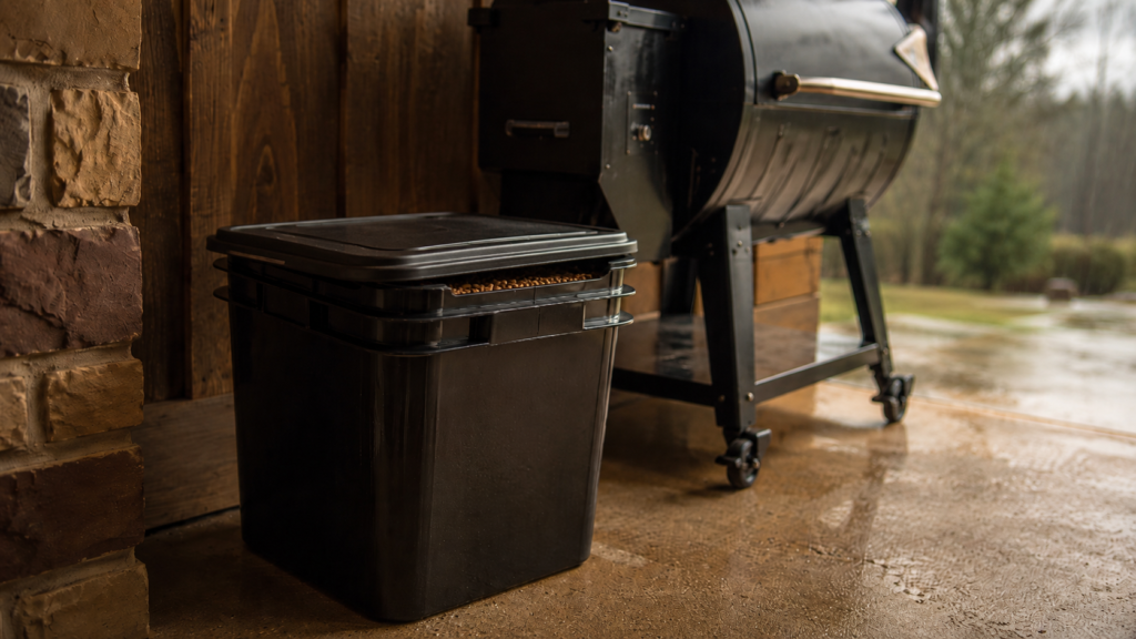 Ok Joe wood pellet container in rain