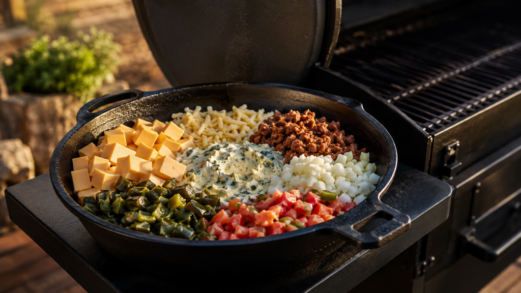 Smoked queso ingredients assembled in a cast-iron skillet before going on the smoker
