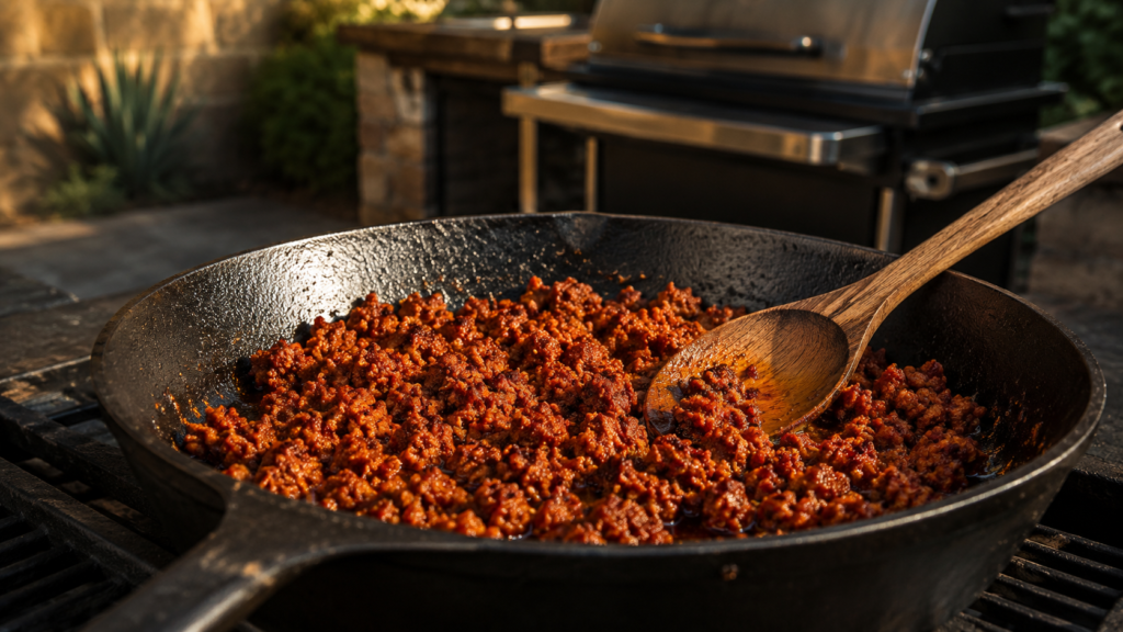 Mexican chorizo cooking for smoked queso dip
