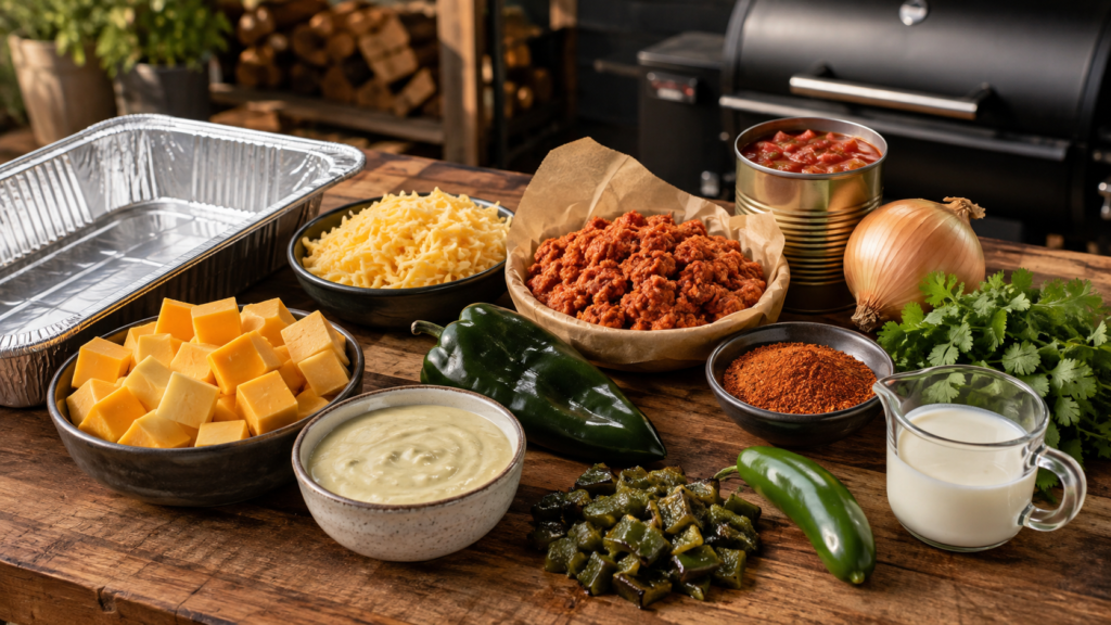 Ingredients for smoked queso with chorizo and smoked Gouda