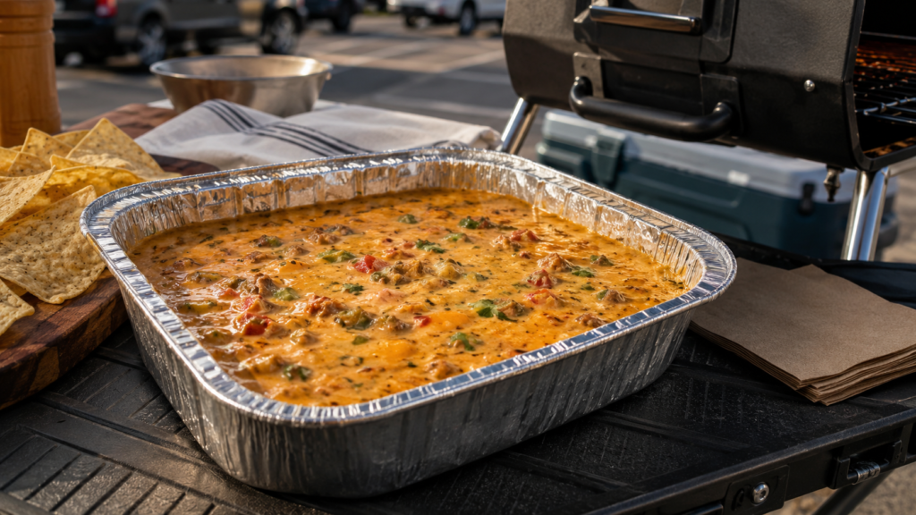 Smoked queso for tailgating served from a disposable foil pan