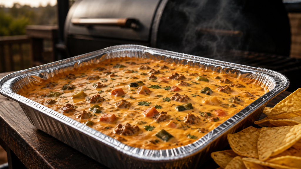 Finished pellet grill smoked queso with chorizo