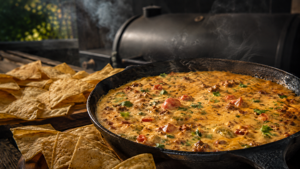 moked queso recipe with chorizo served with tortilla chips
