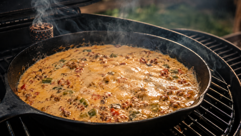Light smoke-rich skin forming on smoked queso at 225 degrees before stirri